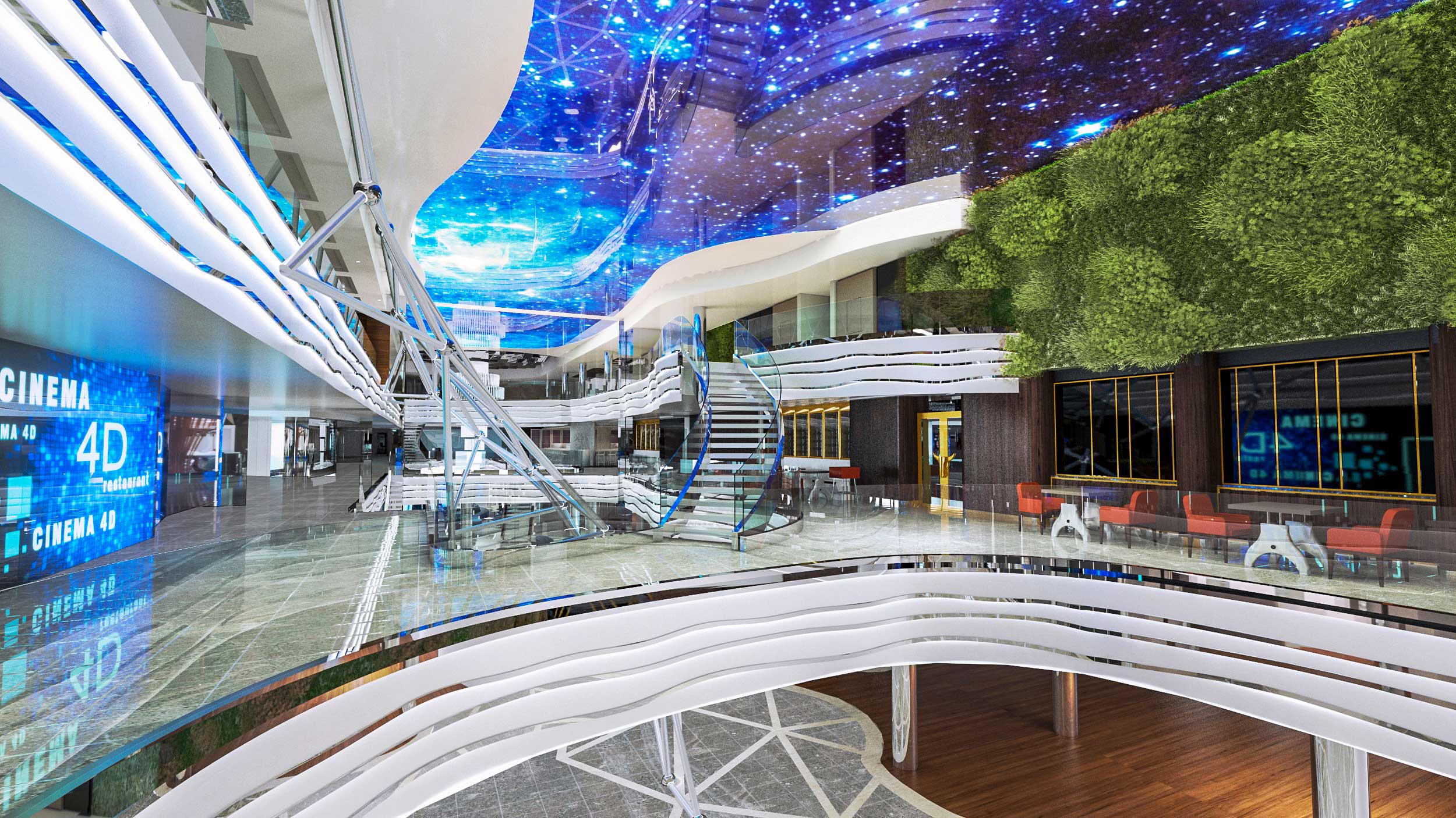 Strosa på den 104 meter långa inomhuspromenaden med den ikoniska LED Dome-skärmen!