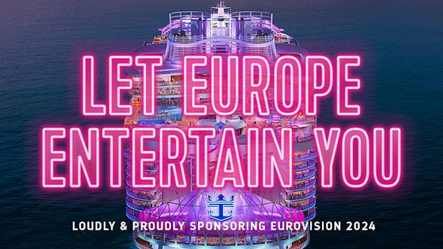 På bilden syns Utopia of the Seas ihop med texten "Let Europe Entertain You!". Just nu kan du låta Europa underhålla dig genom en Eurovision Song Contest kryssning. med Royal Caribbean.