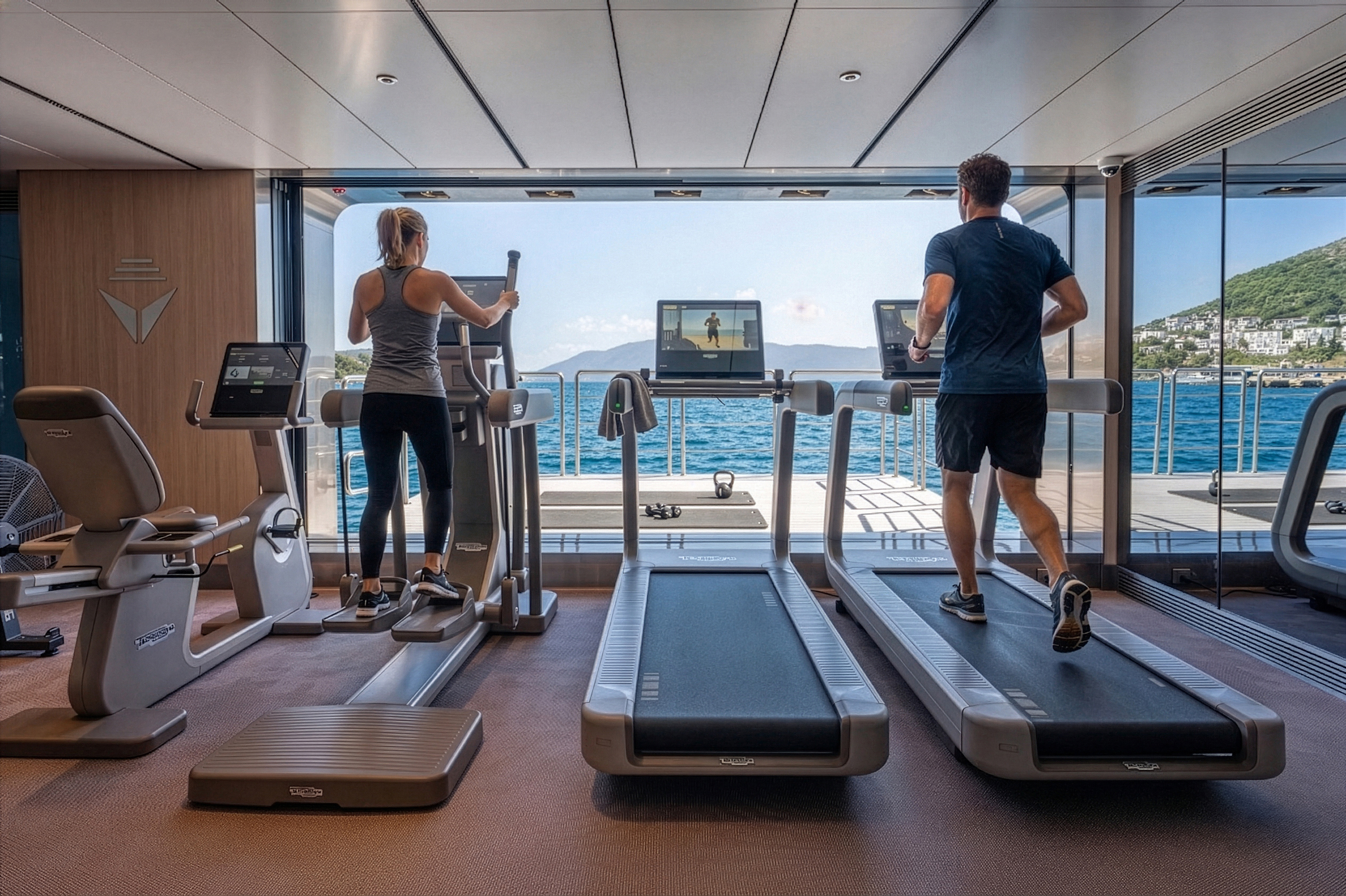 Bilden visar två personer som tränar på ett gym ombord på fartyget Emerald Kaia