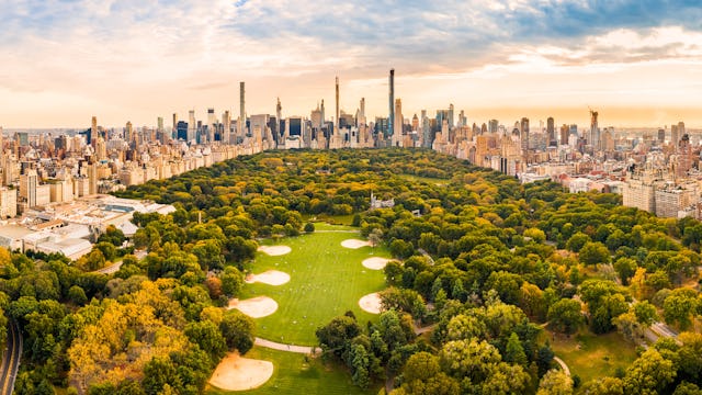 Kryssa till eller från New York. Bilden visar en överblick av Central Park med byggnader runtomkring.