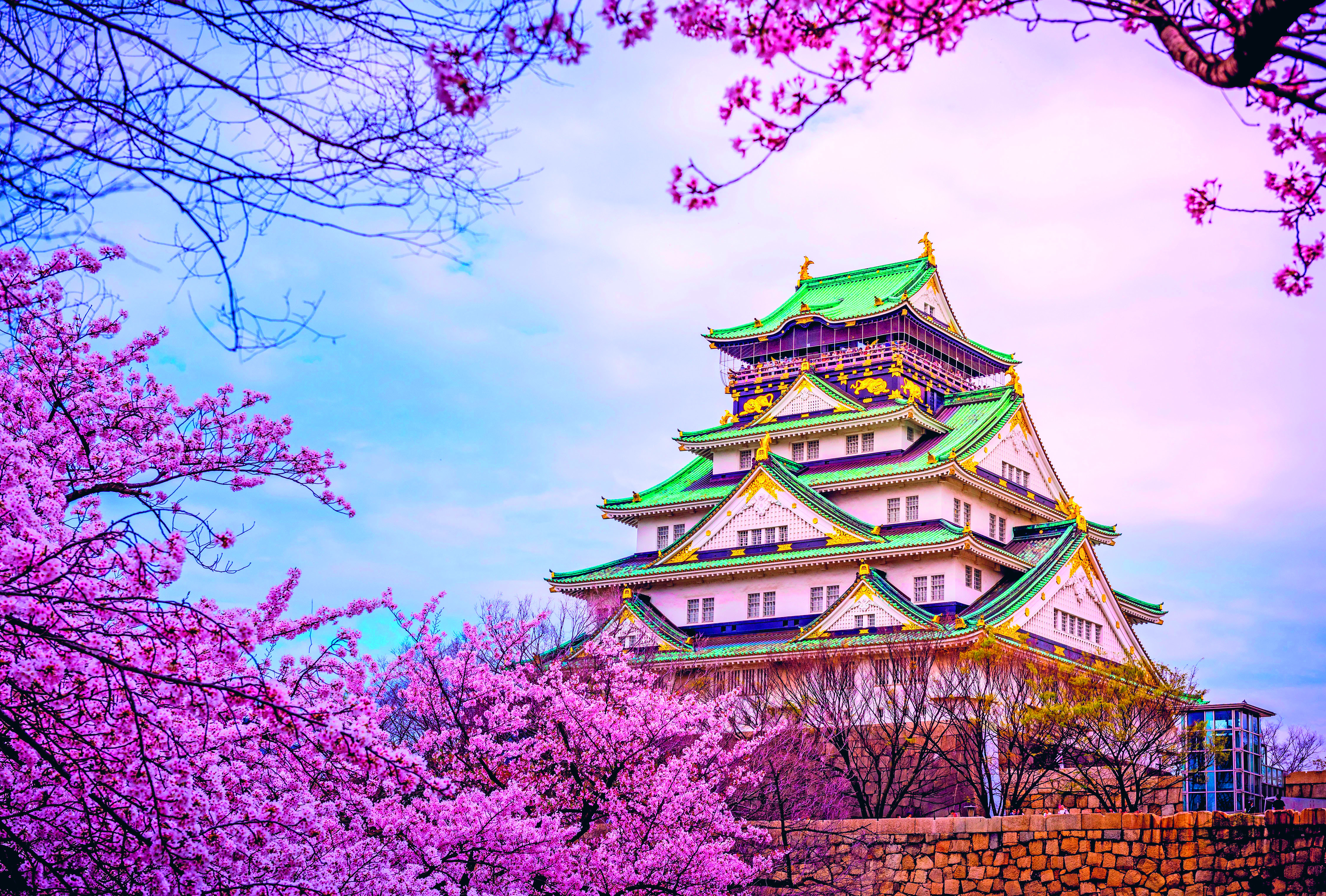Bilden visar ett slott i Osaka, Japan
